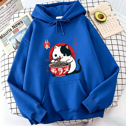 Japanese Style Cat Eat Ramen Hoodie Manga Cat Children's Sweatshirt Cute Hoody Casual Hoodies Spring Unisex Clothes