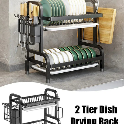 Dish Drying Rack 2-Tier Compact Kitchen Dish Rack Drainboard Set Large Rust-Proof Dish Drainer with Utensil Holder