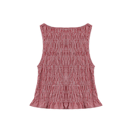 Women's Summer Smocked Tank Tops Solid Color/Plaid Sleeveless Boat Neck Ruffled Hem Slim Fit Vest