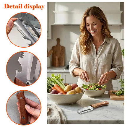 3-in-1 Serrated Peeling Knife  Premium Vegetable Peeler With Wooden Handle And Bottle Opener Kitchen Tool Smooth Operation