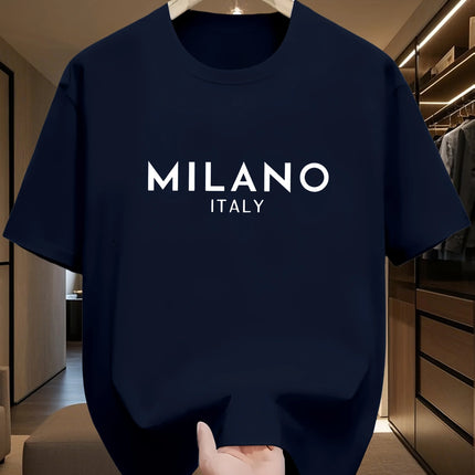 Men's 100% Pure Cotton Fashionable Casual Loose Italian Style Milan Letter Print Round Neck Short Sleeve T-Shirt Top