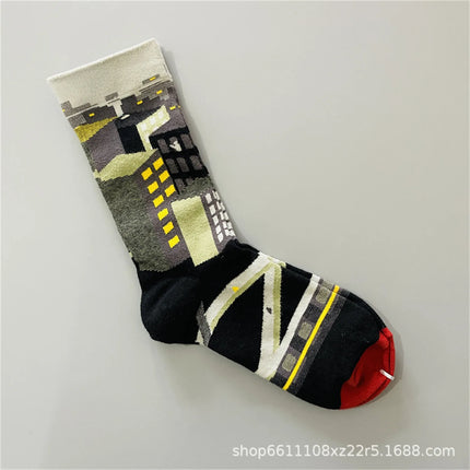 Bonne Maison French Small Batch Women's Fun Oil Painting Style Mid-Calf Cotton Dopaamine Colorful Socks Moisture Wicking Sweat