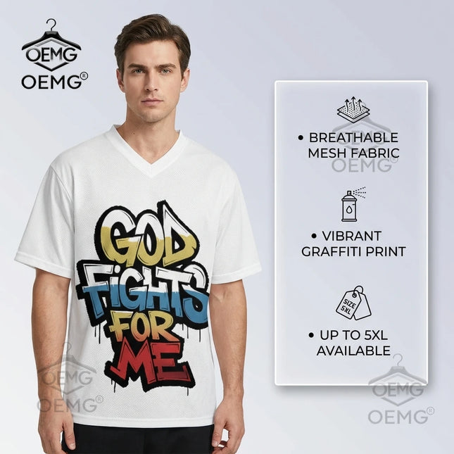 Men's Mesh T-Shirt - Oversized V-Neck with 'God Fights for Me' Graphic Print Perfect for Summer Available in Sizes S To 6XL