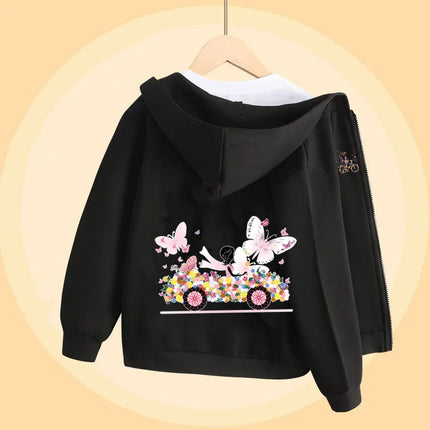 Butterfly Bike Cartoon Sweatshirt for Girls Autumn Long Sleeve Coats Girl Cotton Hoodie with Zipper 5-14T