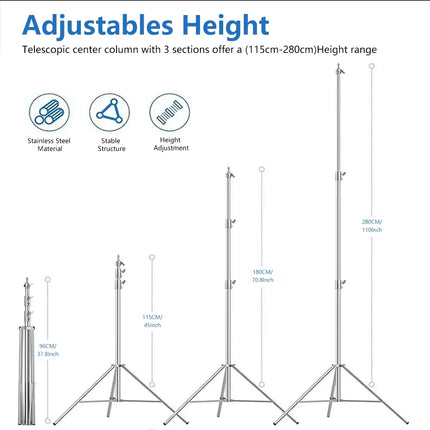 290cm Stainless Steel Tripod Metal Light Stand l Air Pressure Bearing 15kg For Ring Light Live Youtube and Photography Softbox