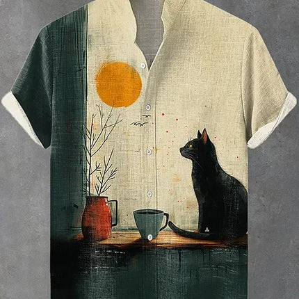 Summer Men's Retro Cartoon Anime Cat Theme Short Sleeve Shirt Short Sleeve Tops Fashion Casual Vacation Streetwear Men's Shirt