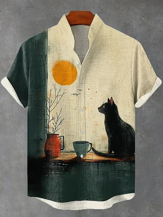 Summer Men's Retro Cartoon Anime Cat Theme Short Sleeve Shirt Short Sleeve Tops Fashion Casual Vacation Streetwear Men's Shirt