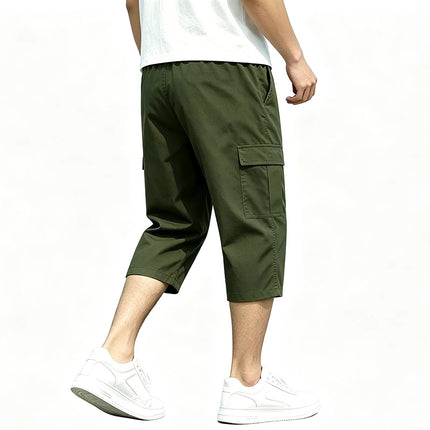 Men New Cargo Capri Pants Loose Fit Elastic Drawstring Waist Multi Pocket Outdoor Walking Holiday Summer Casual 7/8 Trousers