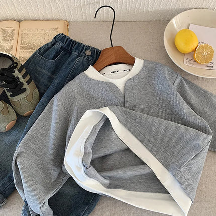 Children Sweater 2025 Autumn Spring Sweatshirts for Kids Boys Fake 2pcs Jumper Baby Casual Tops Girls Pullovers Toddler Clothes