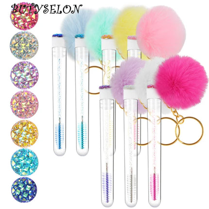 5pcs Gold Keychain Tube Eyelash Brush Eyebrow Comb Microbrush Lash Extension Micro Brushes Makeup Tool Fluffy Fur Ball Decorate