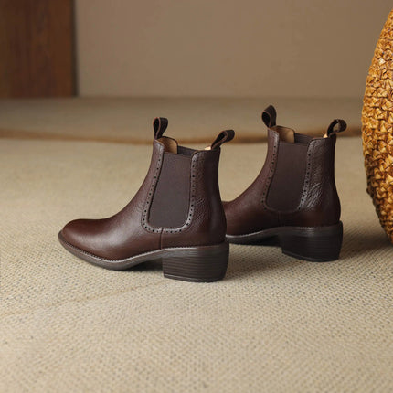 Krazing Pot Big Size 34-43 Cow Leather Round Toe High Heels Retro Modern Chelsea Boots Warm Winter Shoes Motorcycles Ankle Boots
