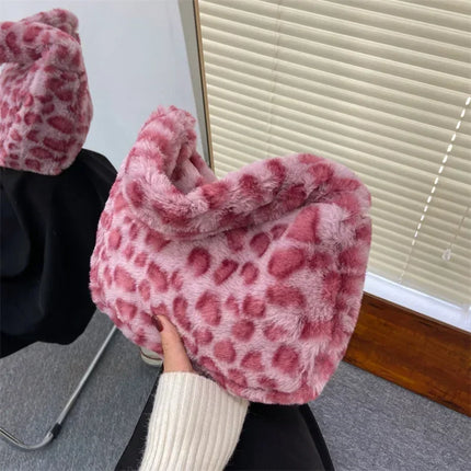 Y2k Korean Plush Retro Leopard Print Bags for Women Underarm Bags Leopard Zebra Pattern Fluffy Tote Bags Small Purses Handbags