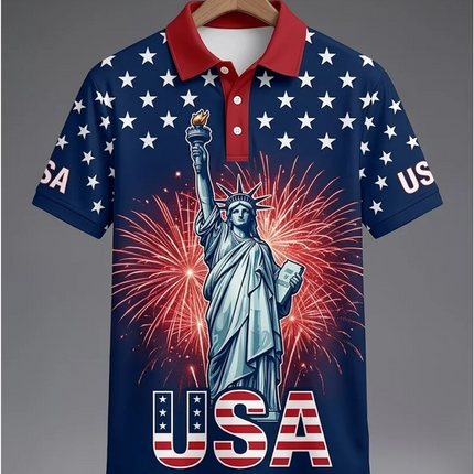 Custom American Flag Statue Of Liberty Couple Polo Shirt Men Women USA 250 Patriotic Print Casual Streetwear Sportswear Shirts