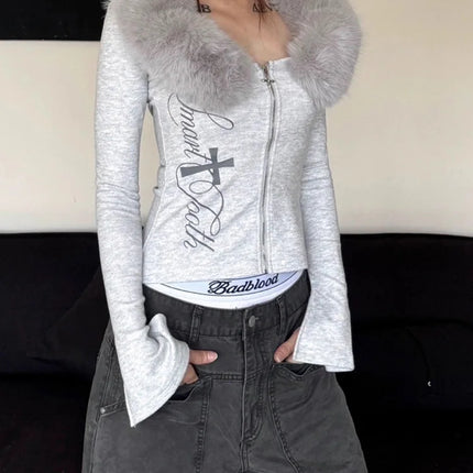 Vintage Y2k Fur Collar T Shirt Women 2000s Aesthetics Off Shoulder Tops Harajuku Letter Print Long Sleeve T-shirt New 2026