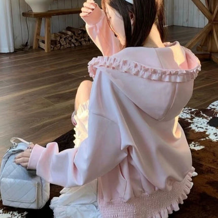 2026 Y2k Aesthetic Pink Ruffled Hoodies Women Casual Loose Harajuku Zipper Sweatshirt Spring Sweet Cute Grunge Hoody Jackets