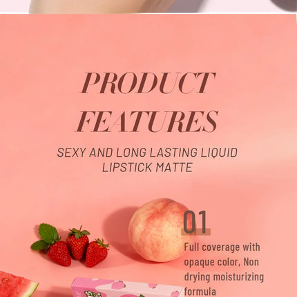 Fruit Cherry Strawberry Liquid Lipstick Makeup Kit Non Stick Cup Colorfast Long Lasting Velvet Matte Peach Lip Gloss Set 3pc/set