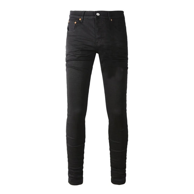 High Street Men's Jeans American Distressed Dark Black Coated Blank Stretch Skinny Button Fly Ripped Pants Trousers