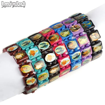 Wooden Rosary Jesus Bracelet Elastic Coloured Beads Catholic Bangle Picture Of Religious Saints Holy Gods Devotion Bracelet
