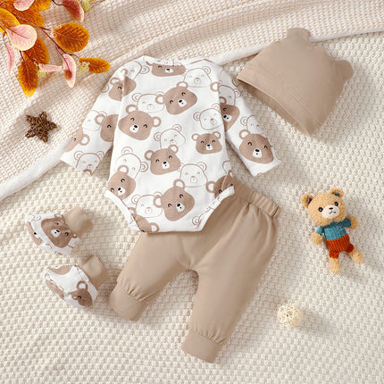 4 Colors 0-9 Months Newborn Baby Boy Autumn Clothing Set Bear Long Sleeve Bodysuit+Pants+Hat+Socks Cute Newborn Baby Gift Outfit