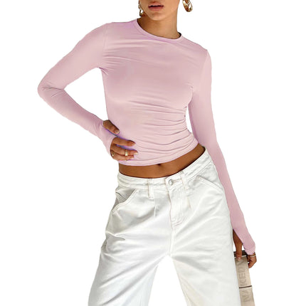 Basic Crewneck Casual Crop Tops for Women Y2K Solid Skinny Long Sleeve Slim Fit Stretchy Cropped Tees T-Shirts with Thumb Holes