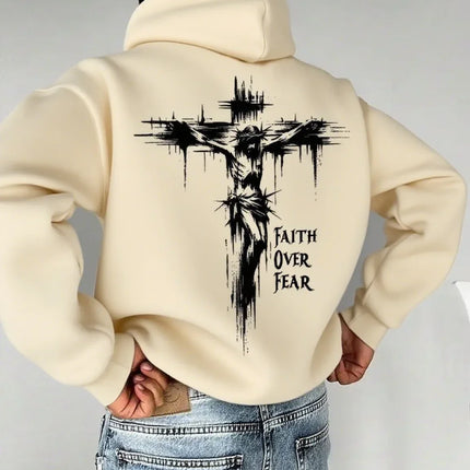 "Christian Faith Overcomes Fear" Cross Print Men Women Hooded Sweatshirt Autumn Winter Daily Outdoor Fitness Casual Sportswear