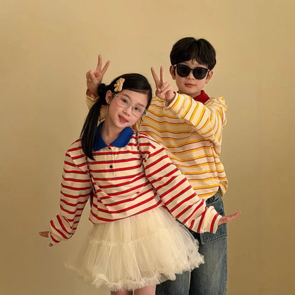 Children Long Sleeved T-shirt 2026 Spring  Autumn New Boy's Polo Shirt Striped Doll Collar Top Tees Girls Casual Clothes