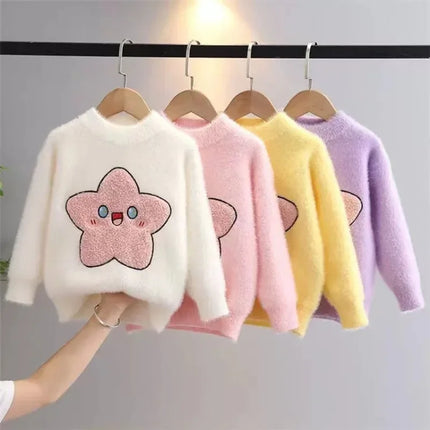 Star Pattern Sweater Girl Winter Cartoon Harajuku Furry Flocking Jumper Casual Loose Pullover Student New Knitted Clothes IY05318