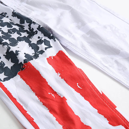 New Style European and American Young Men's Jeans, White, Slim-fit, Casual, Men's Trousers with Red Stripes and Pentagrams