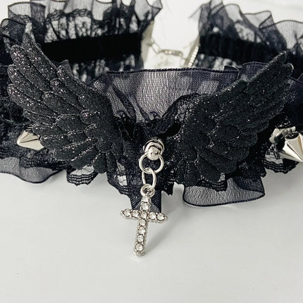 Sexy Black White Lace Lolita Choker Goth Crystal Cross Pendant Angel Wings Rivet Necklace for Women Charm Party Jewelry Gift