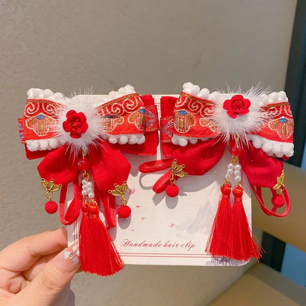 New Year Chinese-Style Hair Accessories Collection,Butterfly/Flower/Fan Designs with Fur Balls,Festive Clips for New Year Outfit