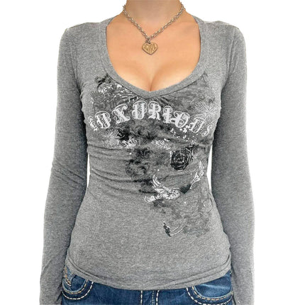 Women Spring Autumn Tops Long Sleeve V Neck Slim fit T-shirt y2K Clothes Gothic Graphic Print Shirts Streetwear