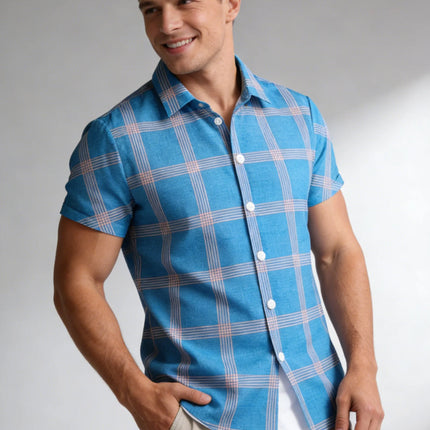 Summer Men's Checkered Shirt Casual Versatile Beach T-Shirt Short-Sleeved Shirt