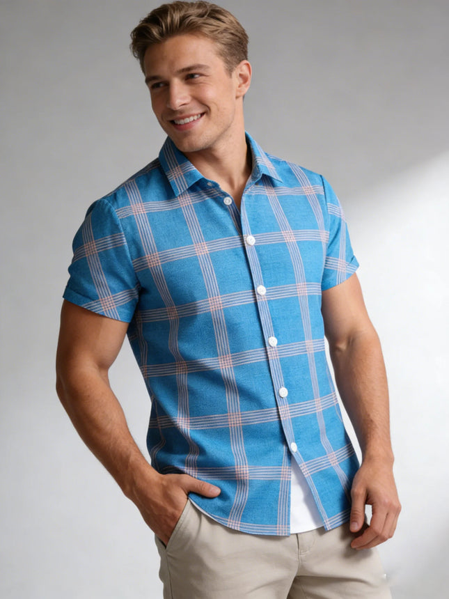 Summer Men's Checkered Shirt Casual Versatile Beach T-Shirt Short-Sleeved Shirt