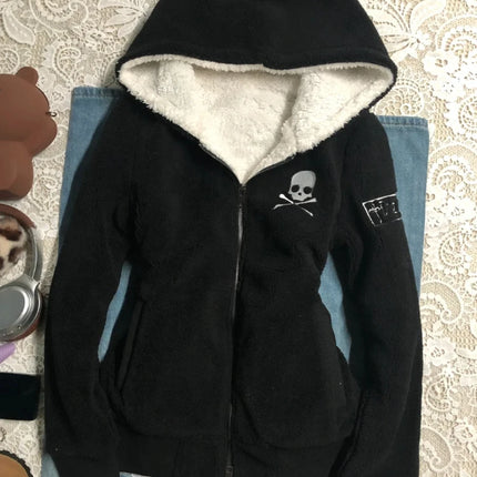 Subculture Cross Y2k Lamb Wool Jackets Women Gothic Hoodies Skull Grunge Zipper  Streetwear Harajuku Female Vintage Casual Coat