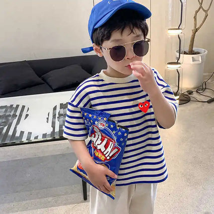 Summer Children's Cotton T-Shirt, Striped Round Neck, Short Sleeve, Kids' Top, Trendy Little Girl, Casual Cartoon Print, Sweat-Absorbing...