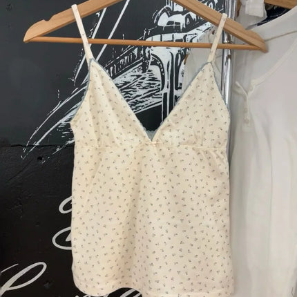 Floral Print Bow V Neck Camis Women Chic Lace Trim Sleeveless Slim Crop Tops Vest Sweet Casual Fashion Raw Hem Tank Top Y2k New