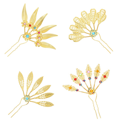 New Golden Alloy Leaf Crystal Flower Hairpin Hair Accessories for Women Thailand Ethnic Dance Party Decoration Headwear Jewelry