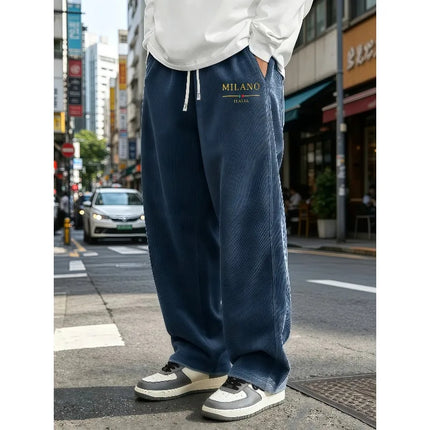Men's Standing Corduroy Wide Leg Pants with Elastic Drawstring, Loose Straight Leg Pants, MILANO Letter Print, Choose From S-4XL