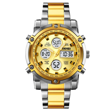 SKMEI Men Dual Display Watch Countdown Steel Strap Electronic Wristwatch Three Time Clock Digital Quartz Watch Relogio Masculino