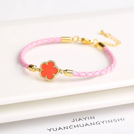 Classic Genuine Leather Woven Natural Stone Five Leaf Flower Charm Bracelet Fashion for Women Girls Party Wedding Jewelry Gift