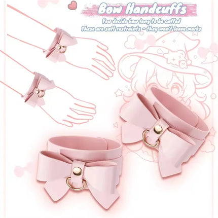 BDSM Cute Bow Themed Bondage Sets Cosplay Adult Games Leather Handcuffs Ankle Cuffs Mouth Gag Whip Collar Sex Toys For Women