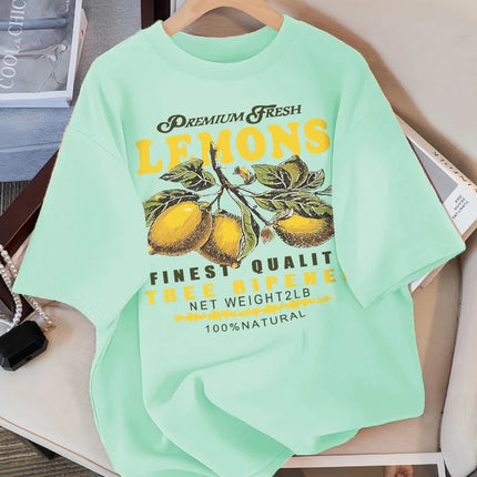 Lemons Fruits Premium Fresh Printing T Shirt Woman Loose Cotton Sportswear O-Neck Casual T Shirts Loose All-Match Short Sleeve
