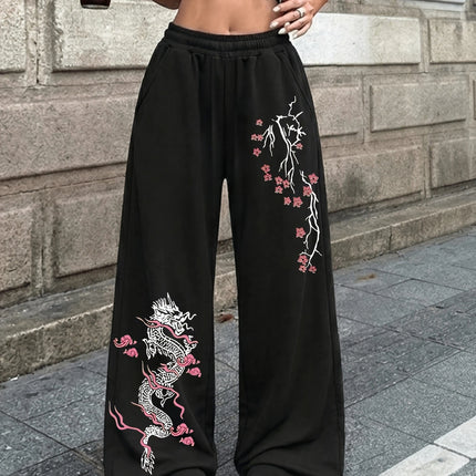 2026 Summer Fashion Style Fun Cherry Blossom Dragon Pattern Style 3D Printed Loose Street Sports and Leisure Pants Large Size