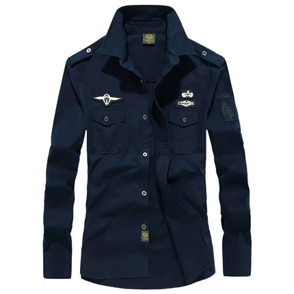 2025 New  Military Shirt Men Long Sleeve Casual Dress Shirt Male Cargo Work Shirts With Embroidery 115
