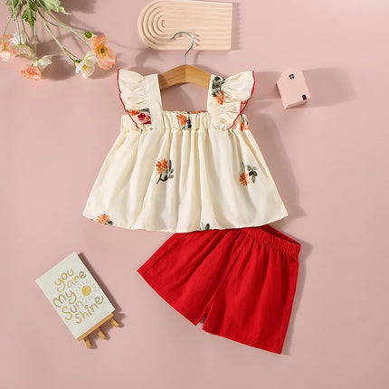 Girls Set Summer New Floral Print Small Fly Sleeves Cute Short Sleeved Top Solid Color Shorts Two Piece Set