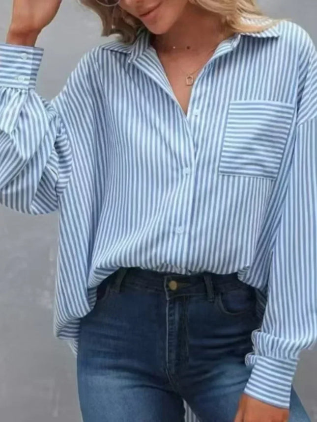 Plus Size Women's Shirt 2025 New Summer Feminino Casual Pocket Baggy Loose Top Striped Classic Long-sleeved Work Blouse Clothing