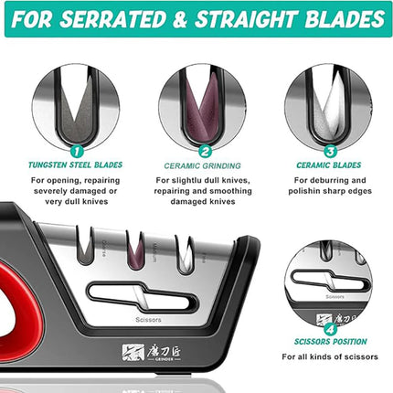 Four in One Kitchen Sharpener Restores Serrated Blade Knives and Scissors, Diamond Tungsten Steel Ceramics