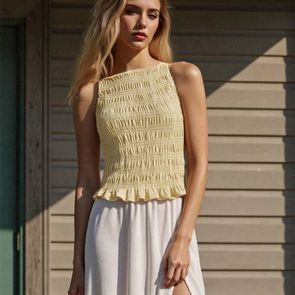 Women's Summer Smocked Tank Tops Solid Color/Plaid Sleeveless Boat Neck Ruffled Hem Slim Fit Vest