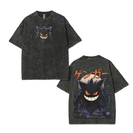 Pokemon Gastly Haunter Gengar T Shirt Men 2026 Summer Vintage Acid Wash Oversized Tee Japanese Anime Streetwear Hip Hop Harajuku