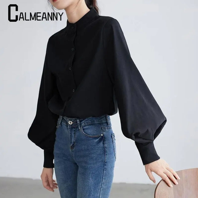 Spring Fashion Women Solid Stand Collar Casual Elegant Fashion Womens Top Clothing Blouse Shirt Lantern Long Sleeve Women Shirts